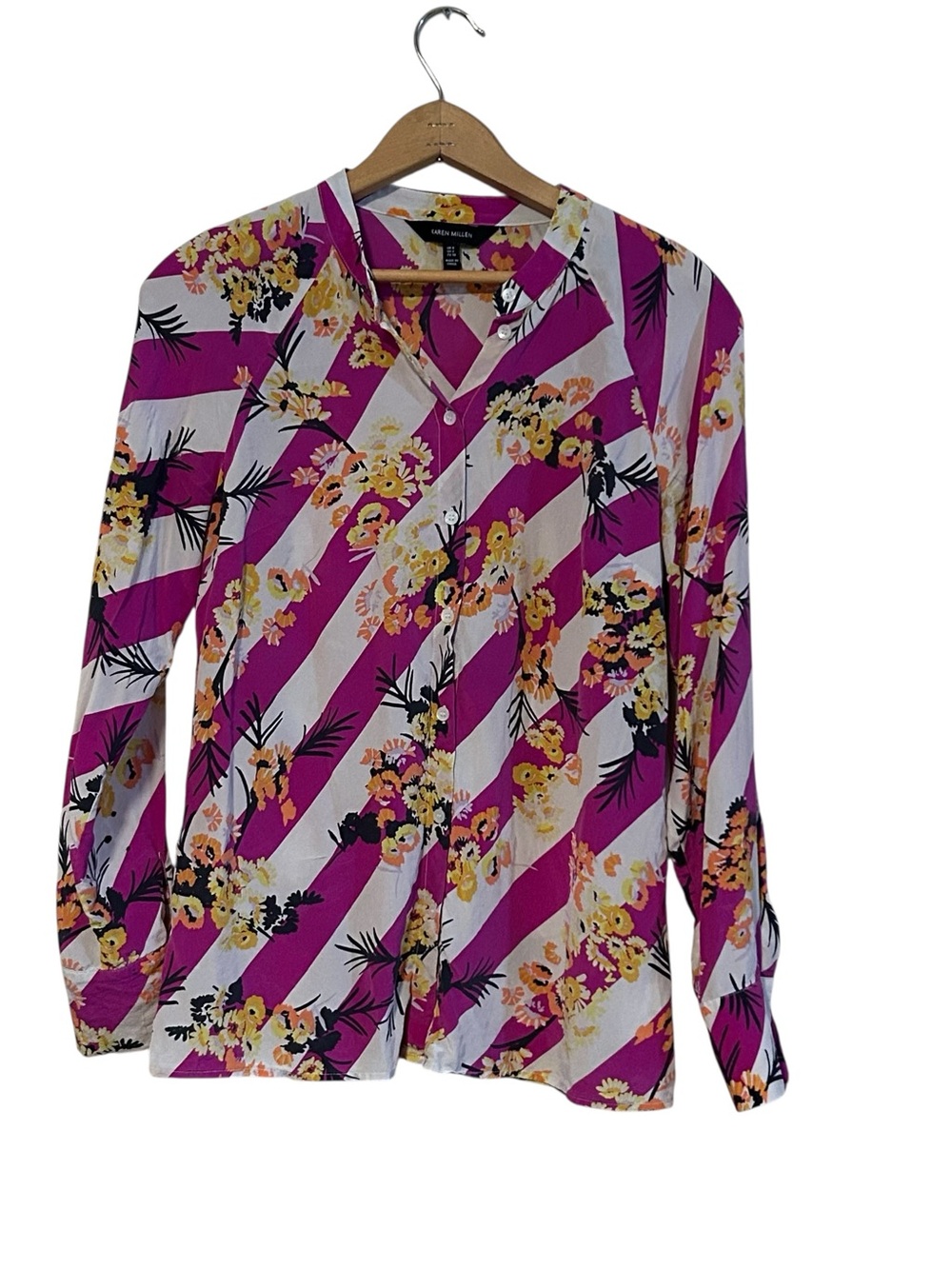 Karen Millen Striped Floral 100% Silk Blouse Top Vibrant Size 4 Women’s